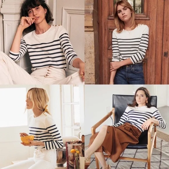 Sezane Loic Mariniere Breton Stripe Shirt White Ecru Blue XS - Picture 15 of 17